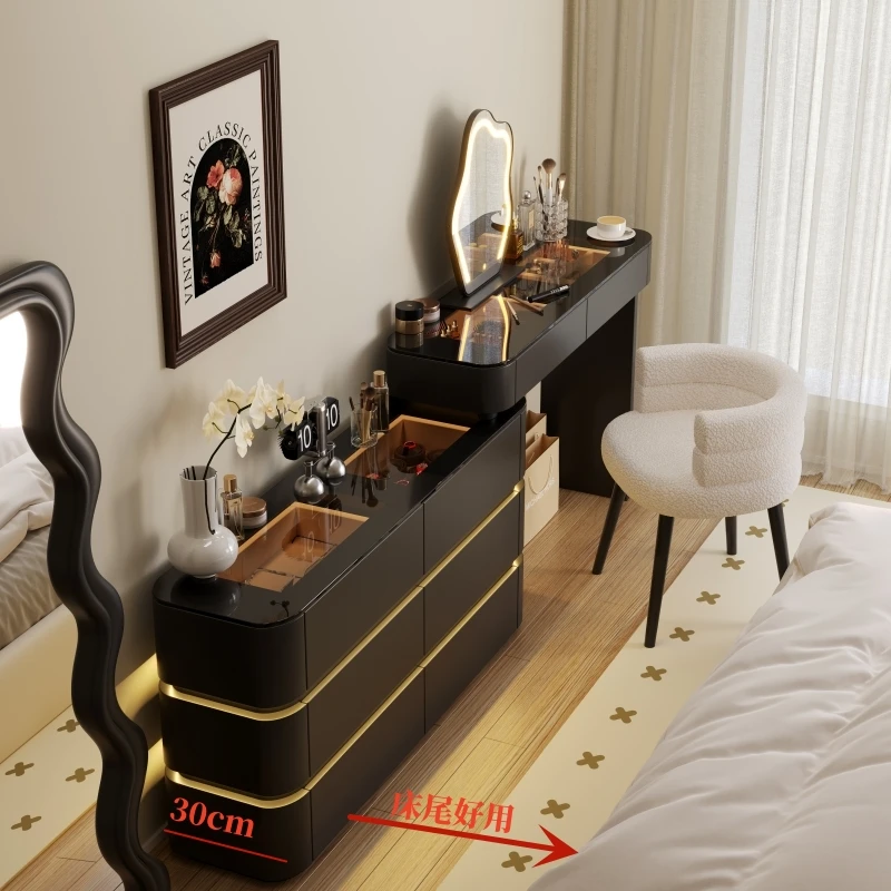

Narrow Solid Wood Dressing Table Bedroom Modern Simple Narrow Cream Wind Bed Tail Black Makeup Table Bucket Cabinet Integrated