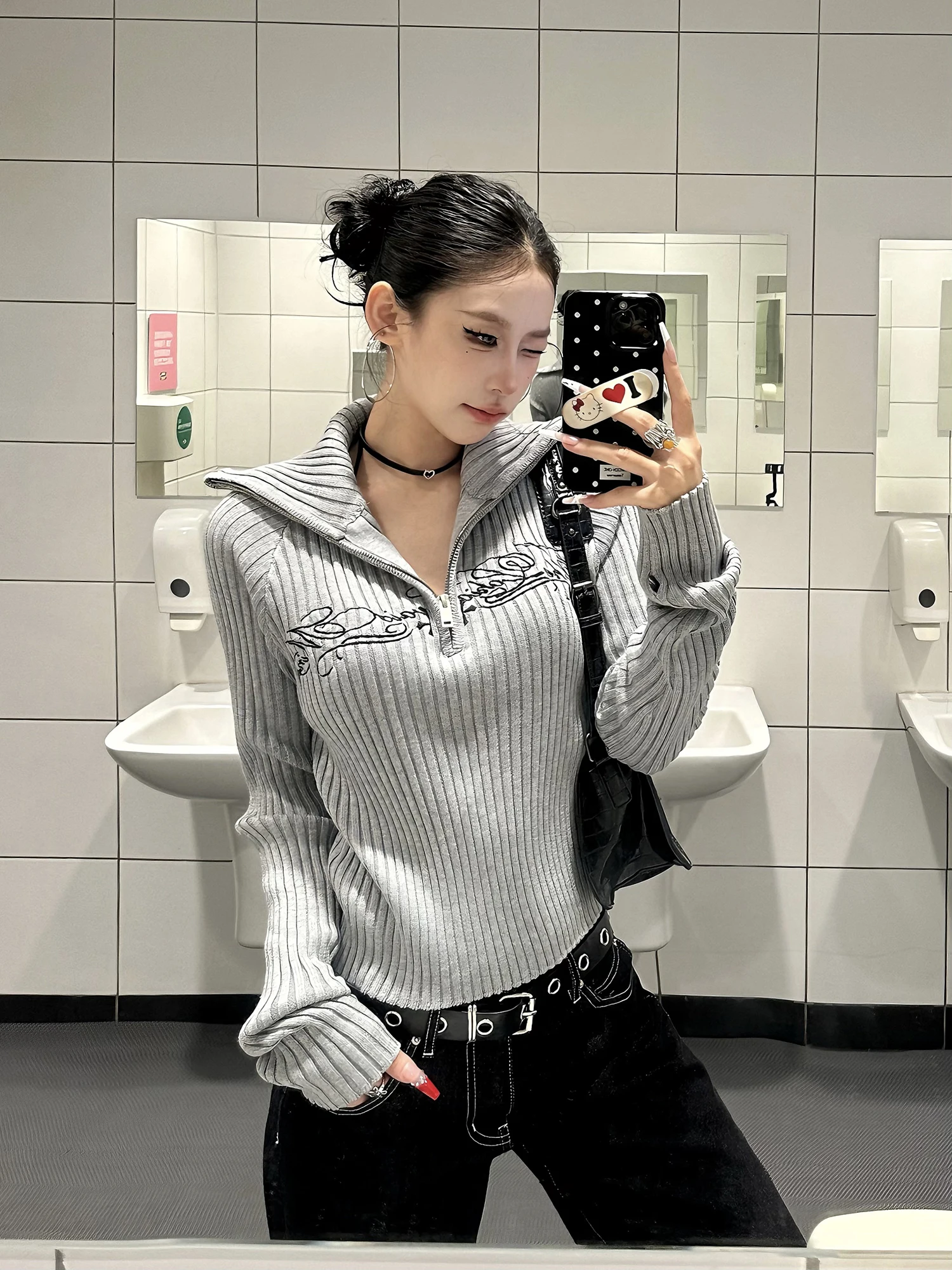 

Вязаный свитер с высоким воротником на молнии в стиле ретро, американский стиль, женский топ, облегающий, осенний базовый слой