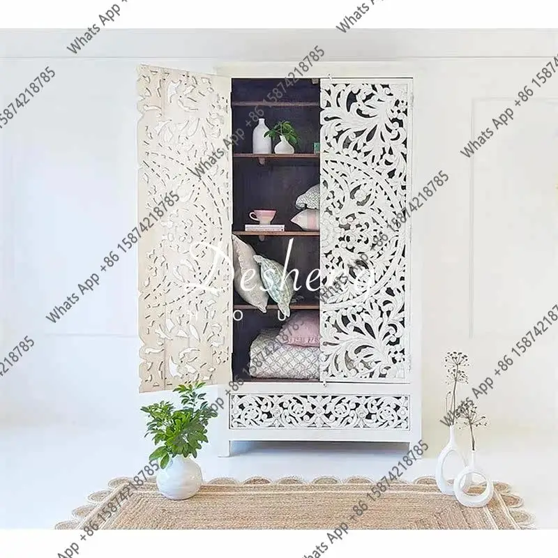 

N French Retro Old Solid Wood Wardrobe European Hand-carved Antique White Wardrobe Bedroom Home Storage Locker