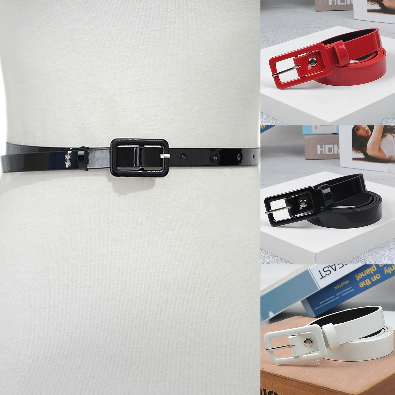 1 PC High Quality Imitation Leather Women Slim Belt Fashion Women Skinny Leather Waist Strap Blue Red Black Thin Belt