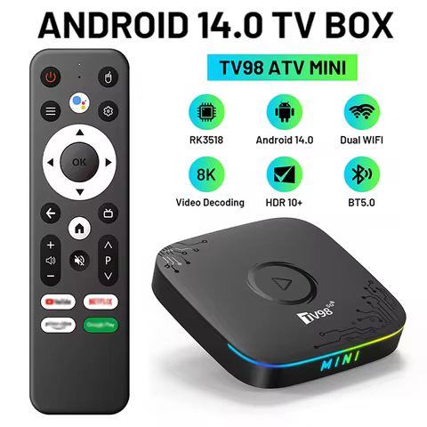 TV98 ATV MINI TV Box Android 14 Real 4K 8K Transpeed USB 3.0 BT 5.0 Quad Core RK3518 Dual WIFI 6 Voice Remote Smart Home Theater