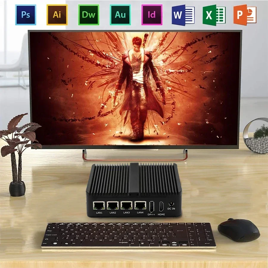 Cele-Ron J6426 كمبيوتر صناعي صغير الجيل الثاني عشر بدون مروحة رباعي النواة DDR4 4 * LAN HD VGA منفذ عرض 16G يدعم SSD + HDD Win10/Linux