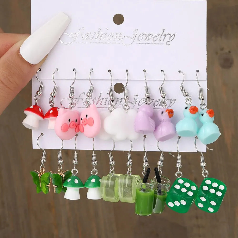 10pcs Suit Lovely Cartoon Earrings New Green Dice Mushroom Cloud Butterfly Earrings Pendant Earrings