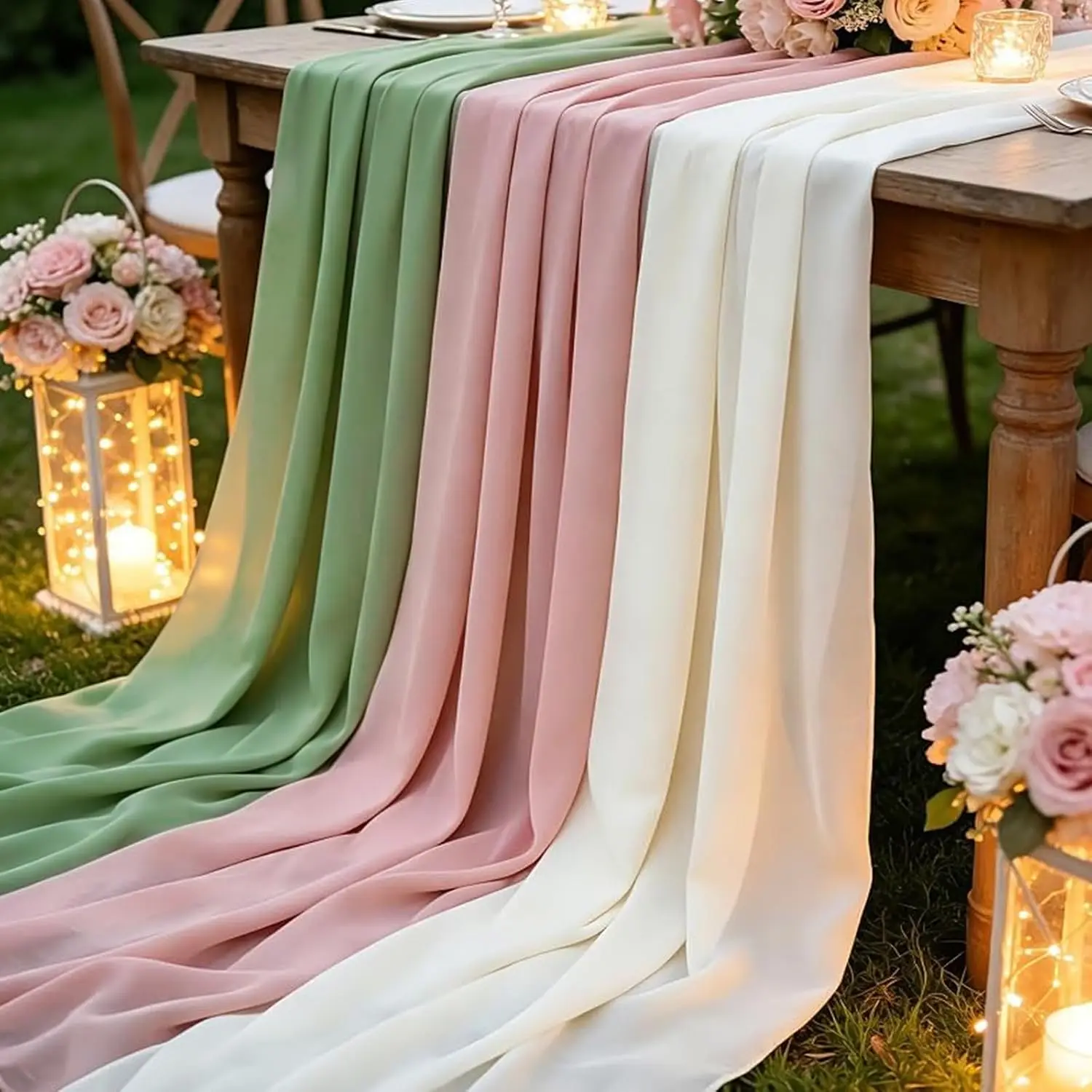 3Pcs Chiffon Table Runner Pink Sage Green White Sheer Tablecloth for Wedding Bridal Shower Party Home Kitchen Decoration