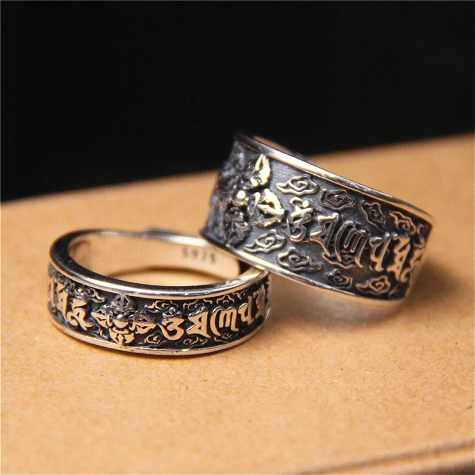 Sterling Silver 925 Karma Vajra Open Ring Vintage for Men and Women Big Small Size Tantra Religious Style Couple Jewelry