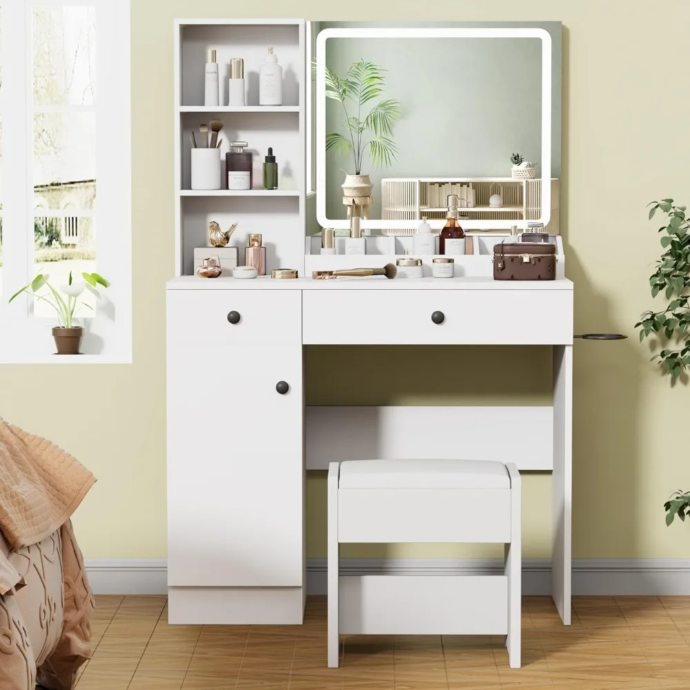 مكتب مكياج نسائي مع مرآة و11 مصباحًا، ومصابيح هوليوود أكثر إشراقاً بثلاثة ألوان، وطاولة زينة مع أدراج وطبقات كبيرة