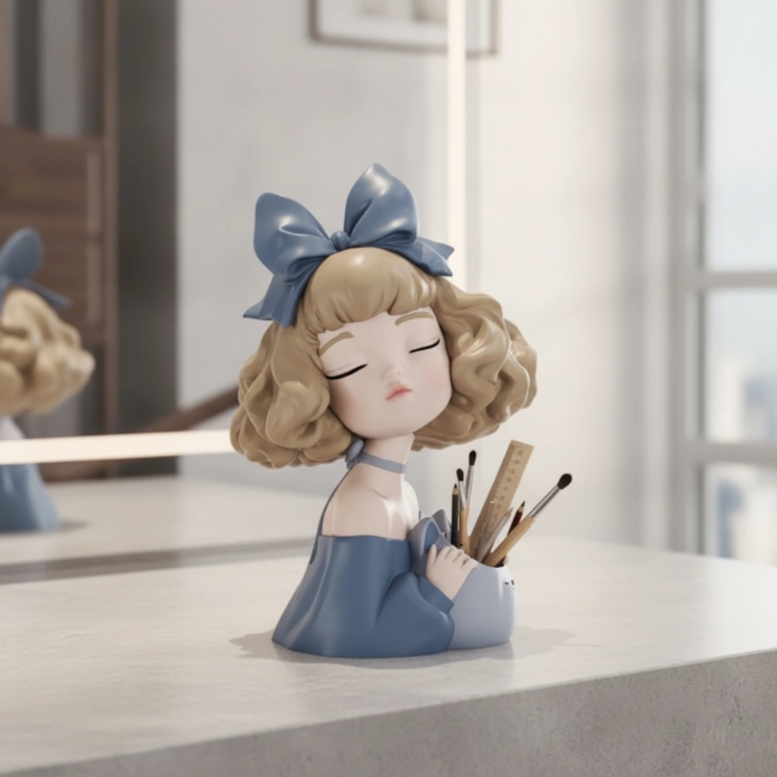 Figurine Pen Holder Resin Sculpture with Container Girl Figurine Organizer Charming Space-Saving for Stationery Lovers