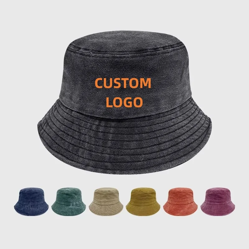 Custom Embroidery Logo Bucket Hat 100% Washed Cotton Unisex Fisherman Cap Vintage Outdoor Casual Sunscreen Visor Bob Panama