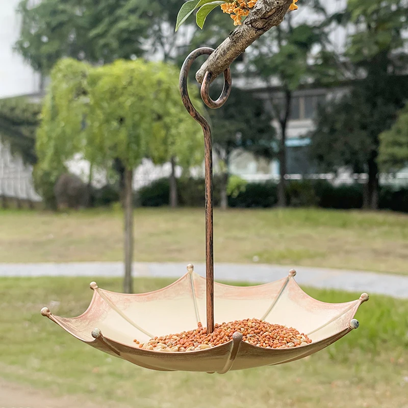 Vintage Bronze Umbrella Shaped Hanging Bird Feeder Tray for Wild Birds Outdoor Garden Yard Patio Decorative Ornament Gift