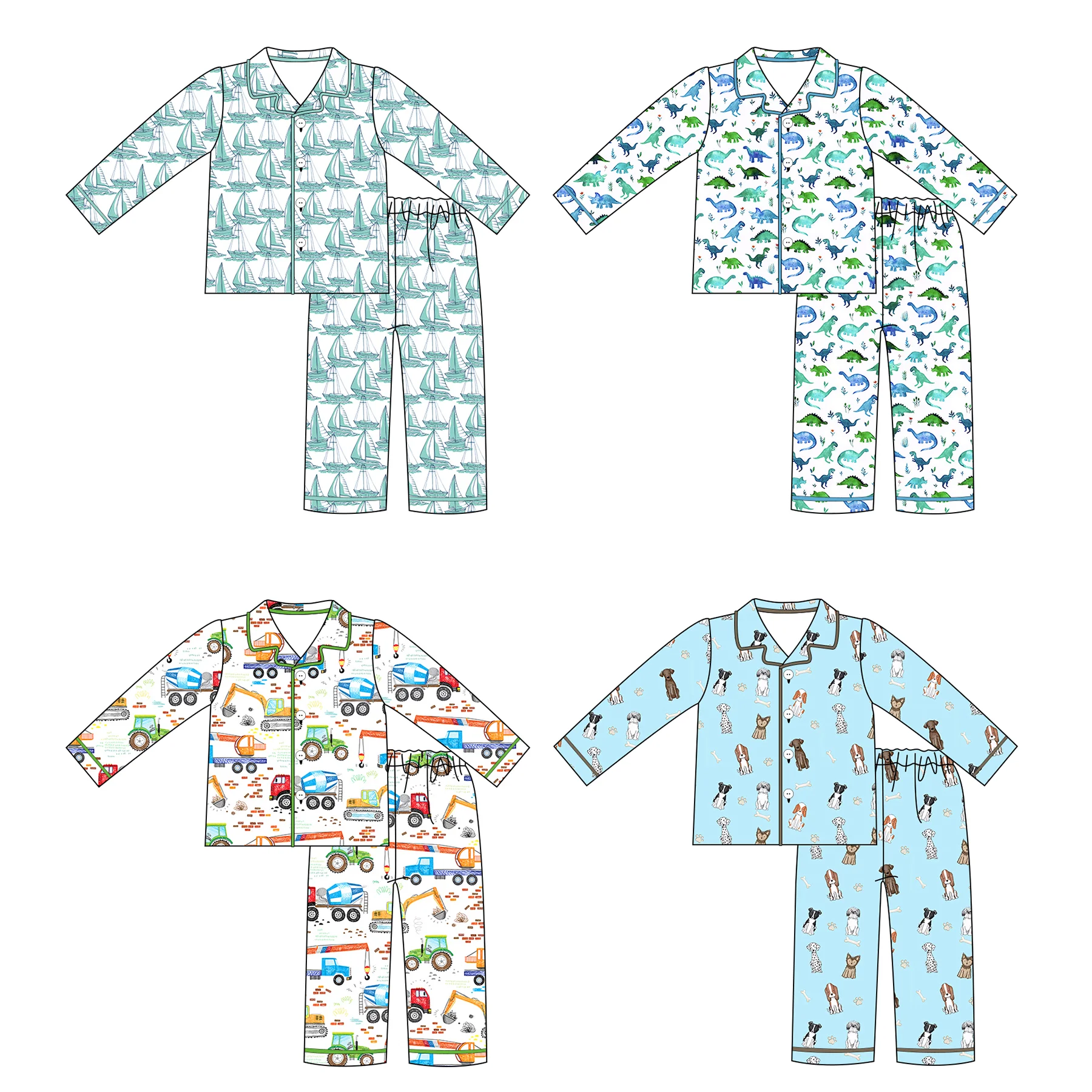Toddler Boy Pajama Set Long Sleeve Sleepwear Sailboat Dinosaur Construction Vehicle Dog Boutique Casual Nightwear for Kids