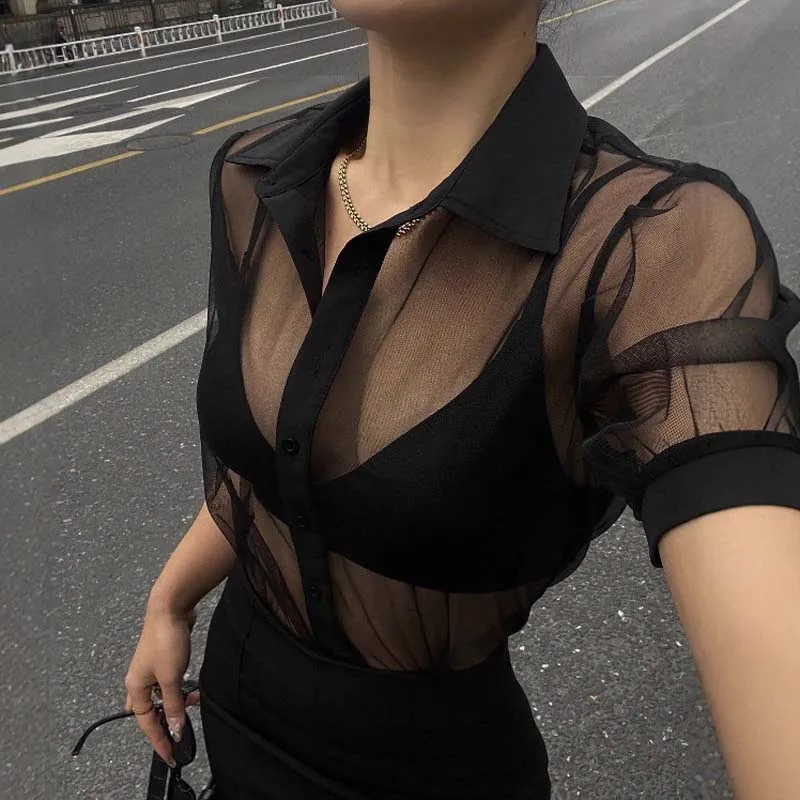 Women Sexy Perspective lace chiffon short sleeved shirt Elegant 2026 Nightclub single breasted solid color shirt top arty Retro