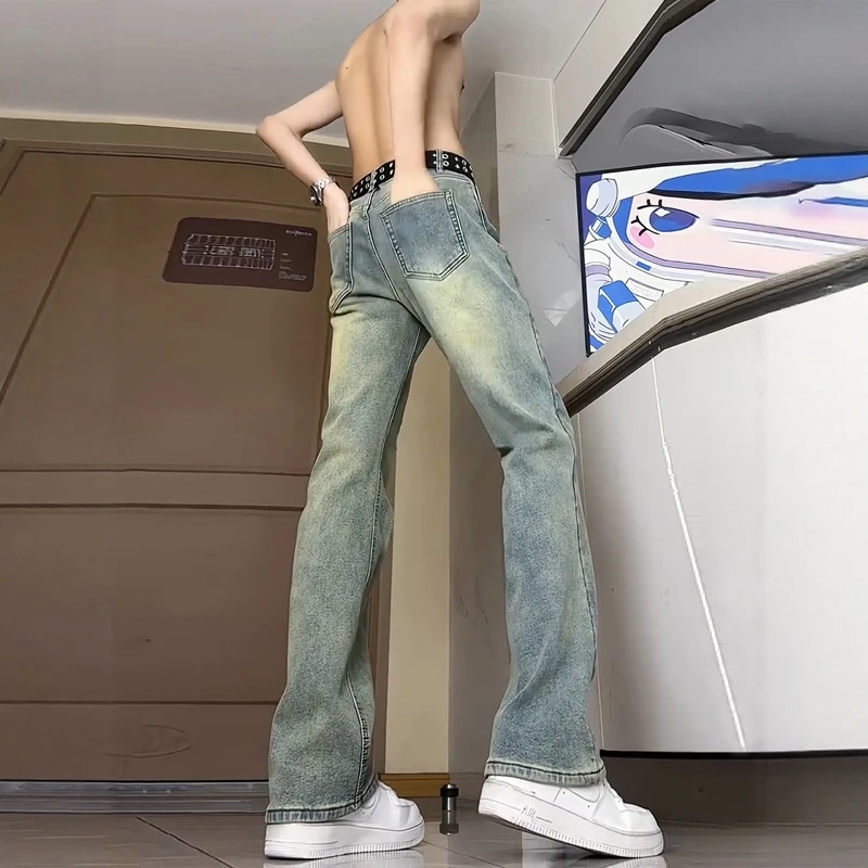 Retro Blue Basic Men's Jeans Flared Denim Pants Slim Straight Cut Trousers Trendy High Waist Zipper Closure Daily Wear