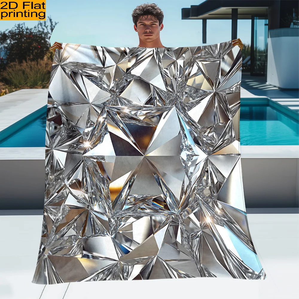 2D Flat Silvery Geometric Faceted Crystal Flannel Blanket - Large Size, Soft, Lightweight, and Warm, Suitable for All Seasons -