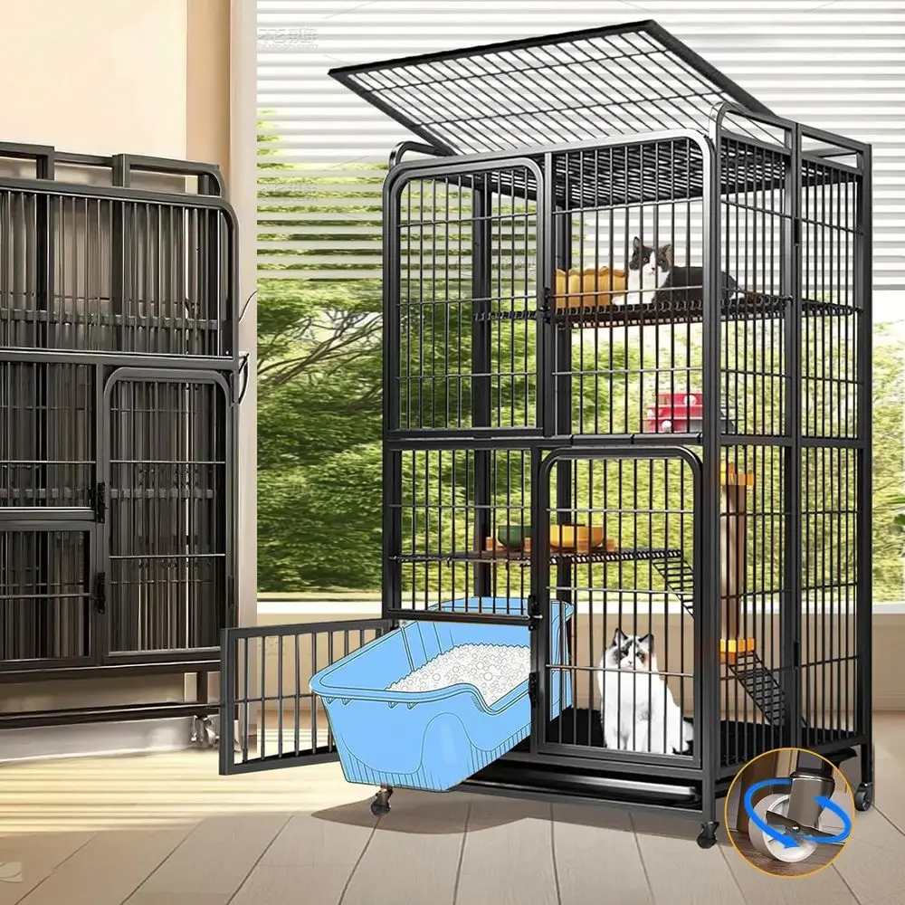 

Collapsible Cat Cages Indoor, Portable Cats Enclosures 2/3/4-Tier, Heavy-Duty Cat Playpens with Universal Wheels, Large Metal An