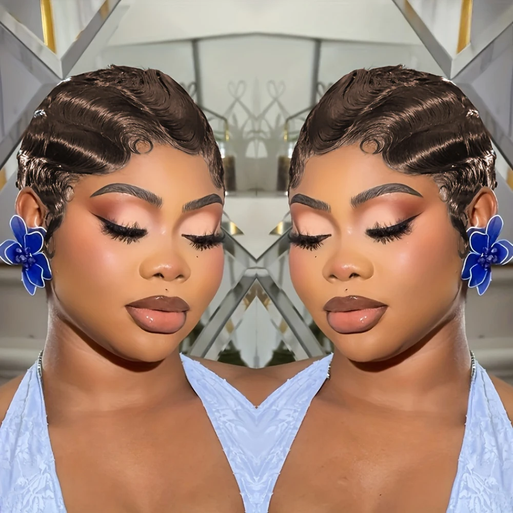 Short Curly Wave Wigs Human Hair For Women Full Machine Made Wig Finger Wave Wig 150% Density