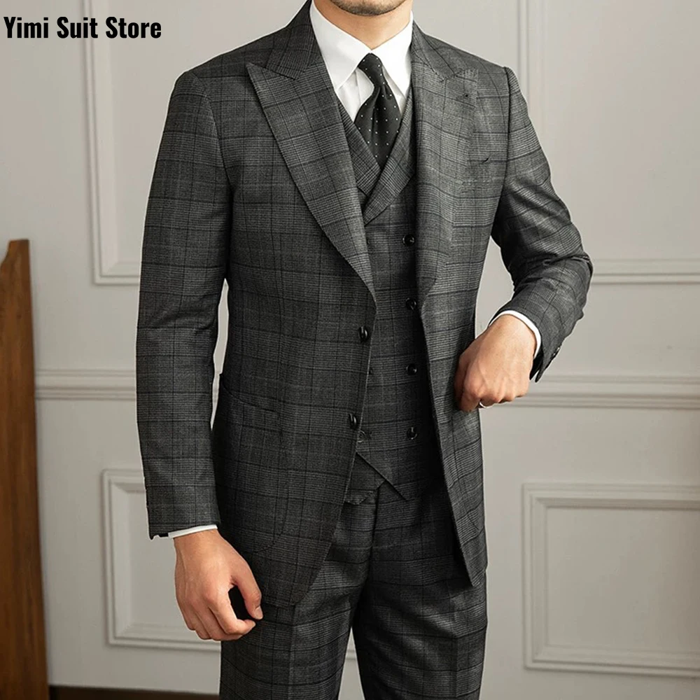 YiMinpwp Herrenanzug, 3-teiliges Set, kariert, klassische Anlasskleidung, formelle Hochzeit, Business-Anzug für Männer, Sets, Smoking, Jacke + Weste + Hose