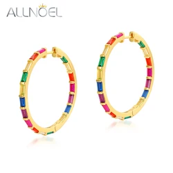ALLNOEL 925 Sterling Silver Big Hoop Earrings Women Colorful Zircon Rainbow Crystal brincos серьги Gold Plated Jewelry New In
