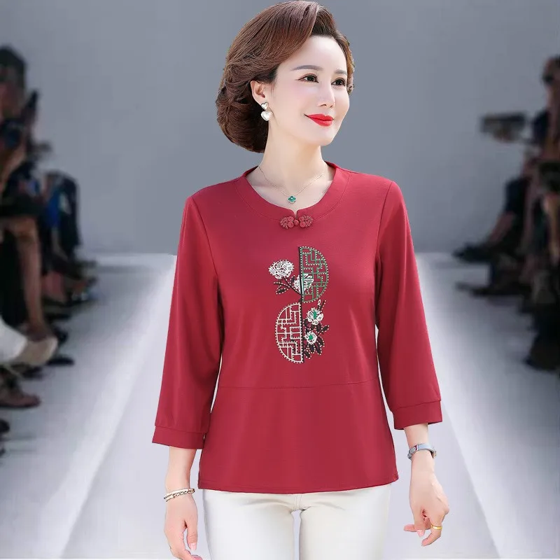 

Summer Ethnic Style Shirts Women Fashion 3/4 Sleeve O-neck Blouses Casual Loose Embroidery Tee Shirts Femme Top For Women