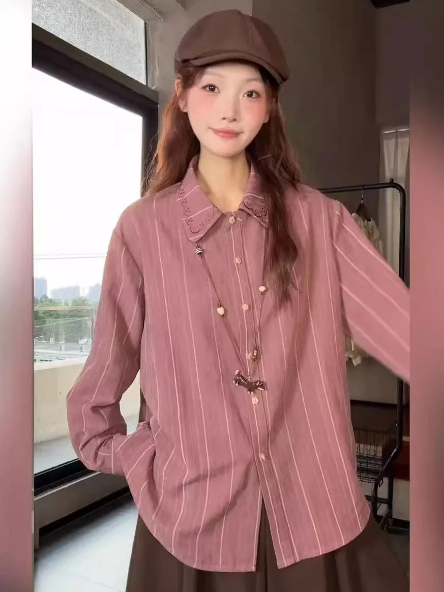 

Retro Korean Sle Casual Striped Long Sve Women's irt Loose Fit Autumn Design Versatile Top Faionable And Sli