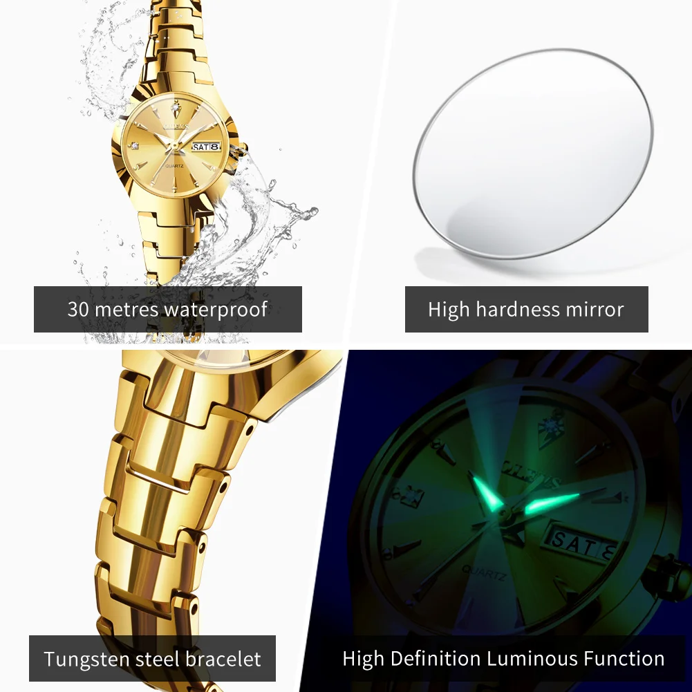 ساعة OLEVS 8697 للسيدات من الفولاذ التنغستن الذهبي عرض تقويم مزدوج كوارتز زجاجي عالي القوة للسيدات