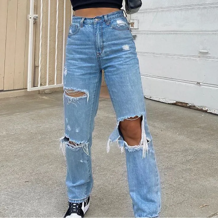 Pantalones vaqueros sexis con agujeros para mujer, pantalones largos adelgazantes, pantalones vaqueros para mujer, cintura en l, pierna recta, vaqueros azules, colección de otoño 2024