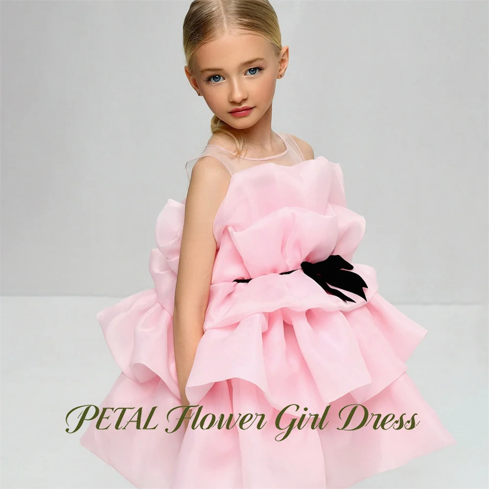 Petal Waist Black Bow Children Birthday Wedding Dresses A Line Flower Girl Dress Light Pink Princess Girls Dress Customized