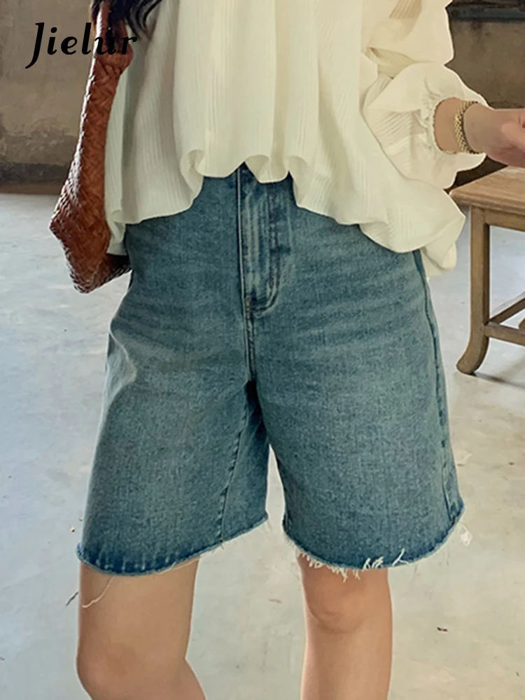 Jielur شورت أزرق عالي الخصر صيفي نسائي من قماش الدنيم سروال قصير فضفاض للنساء بألوان سادة ملابس شارع بسيطة #2