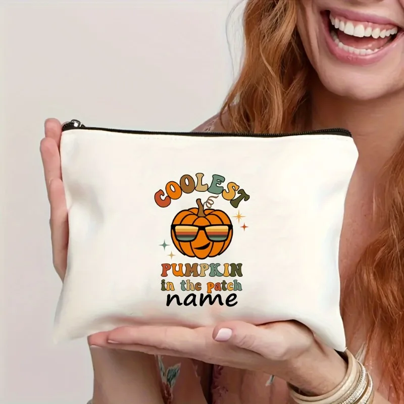 Custom Name Coolest Pumpkin In The Patch Zipper Pouch Retro Fall Pumpkin Sunglasses Print Canvas Cosmetic Halloween Storage Bag