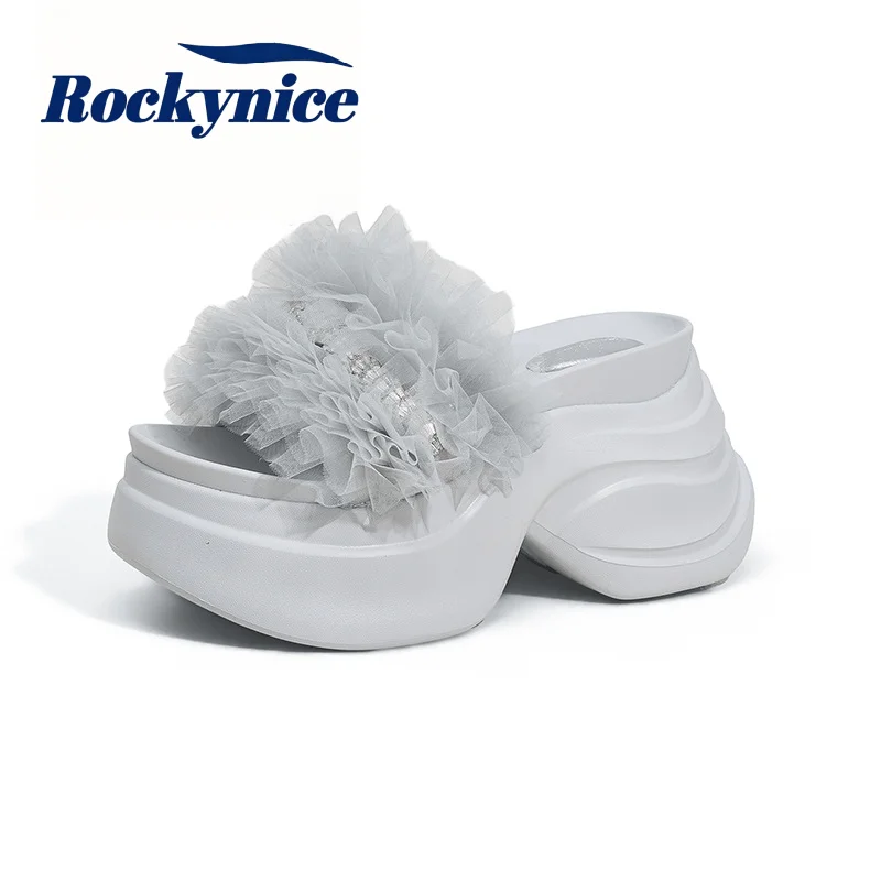 10CM Women High Heels Slippers New 2026 Summer Outdoor Slip-on Flower Sandals Comfortable Rubber Bottom Chunky Beach Flip Flops