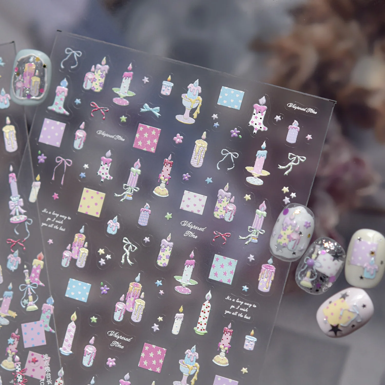 

5D Holographic Light Blue Candle Holder Nail Art Stickers Fresh Bow Plaid Square Cute Bowknot Self Adhesive Manicure Decals DIY