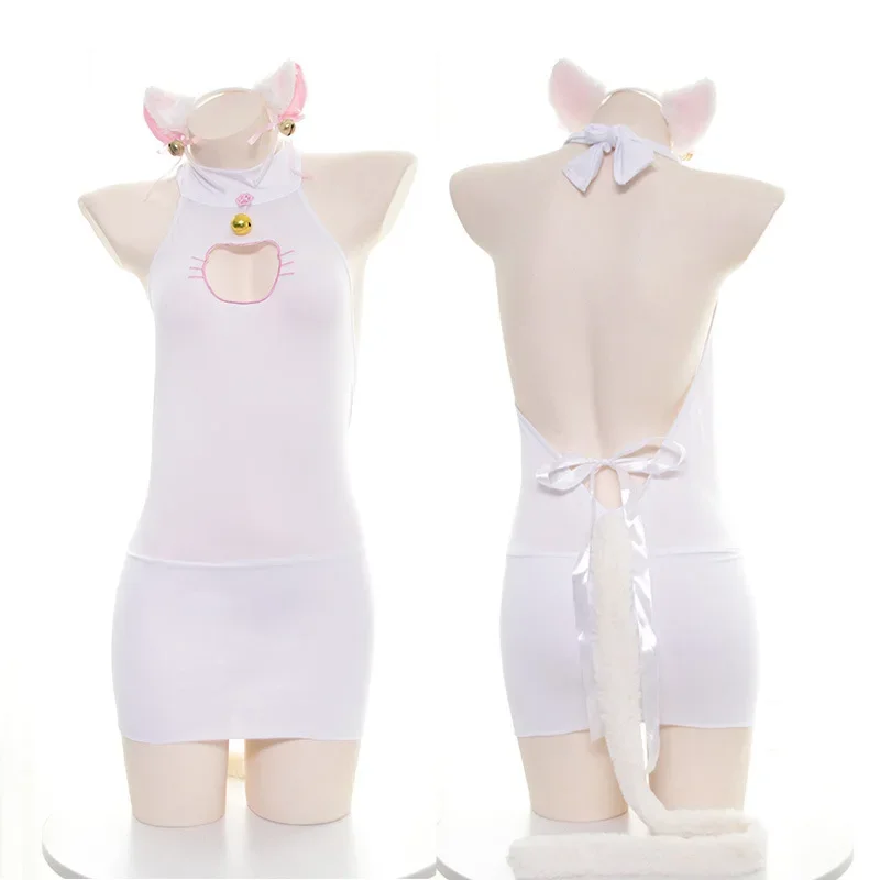 Sexy Kat Meisje Cosplay Kostuum Neko Bodysuit Outfit Voor Vrouwen Sweet Lolita Anime Holle Borst Jurk Met Staart Lingerie Set