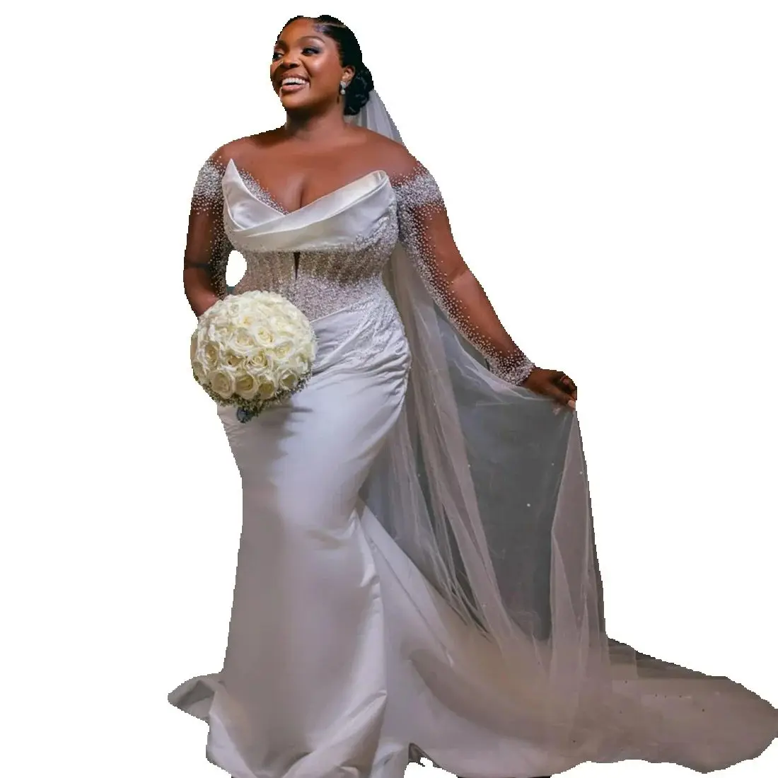 

Customized Scoop Shinny Heavy Sequins Plus Size Wedding Dress For Bride Long Sleeves Mermaid African Nigeria Bridal Gowns
