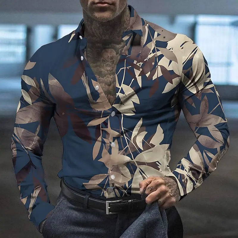 Men\'s shirt floral pattern lapel top outdoor street long-sleeved shirt button design casual and breathable 2024 new style hot sa