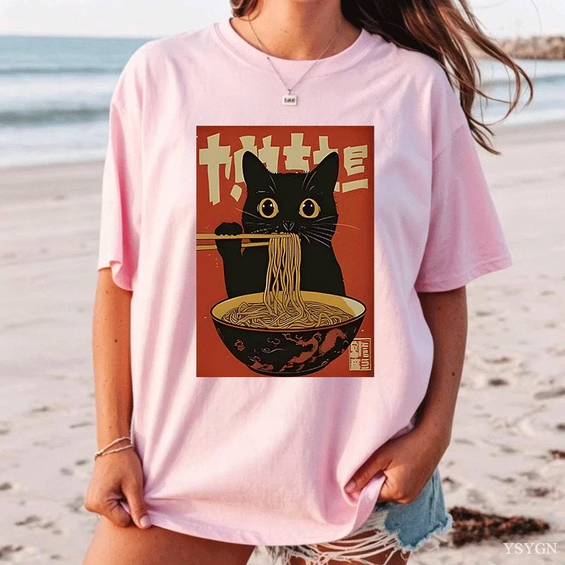 High Quality Japanese Style Cat Eat Ramen Short Sleeved T-shirt Men Women Tee Clothes Loose Casual Cartoon Oversized Top Y2K