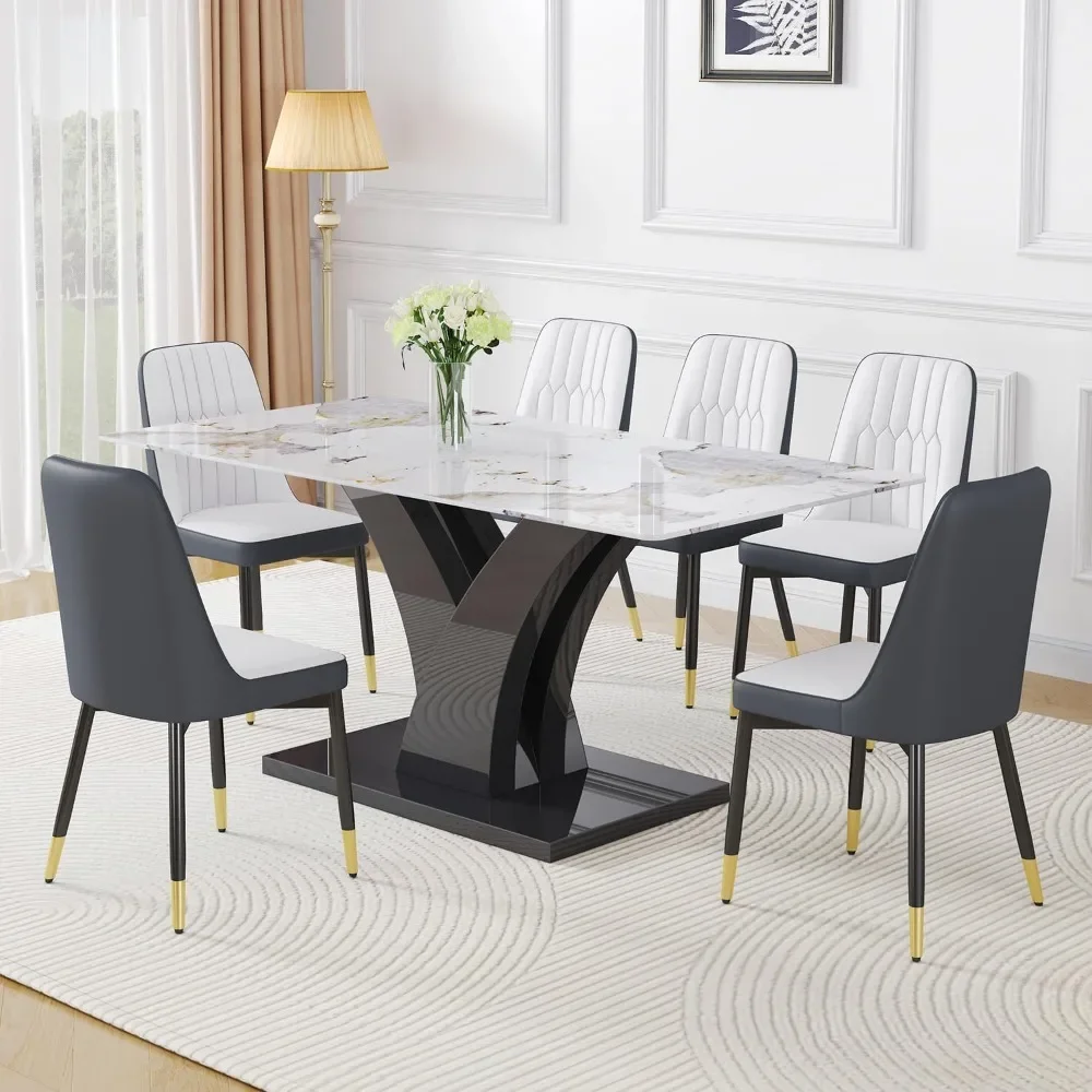 

Dining Table Set for 6, 0.4-Inch Thick Tempered Glass Top and Black Gloss MDF Base, 6 PU Leather Chairs, 67'' Dining Table Sets