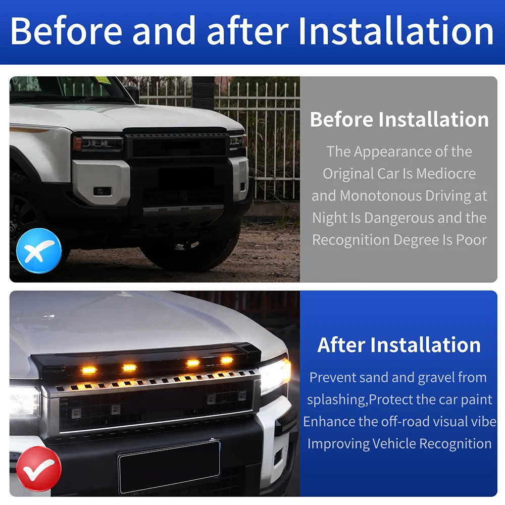 For Toyota 2024 2026 Land Cruiser Prado LC250 250 j250 Lighted Front Hood Sand Stone Guard Protect Vehicle  Exterior Accessories