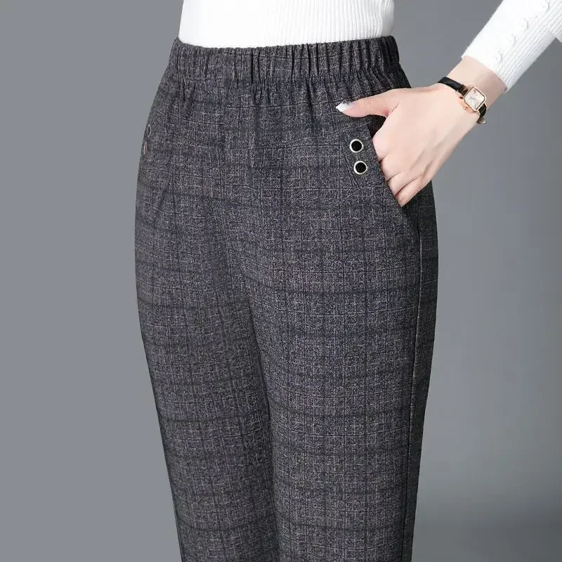 Moda mujer Vintage pantalones delgados primavera otoño ropa de calle nueva cintura alta elástica raya a cuadros pantalones casuales rectos Z817