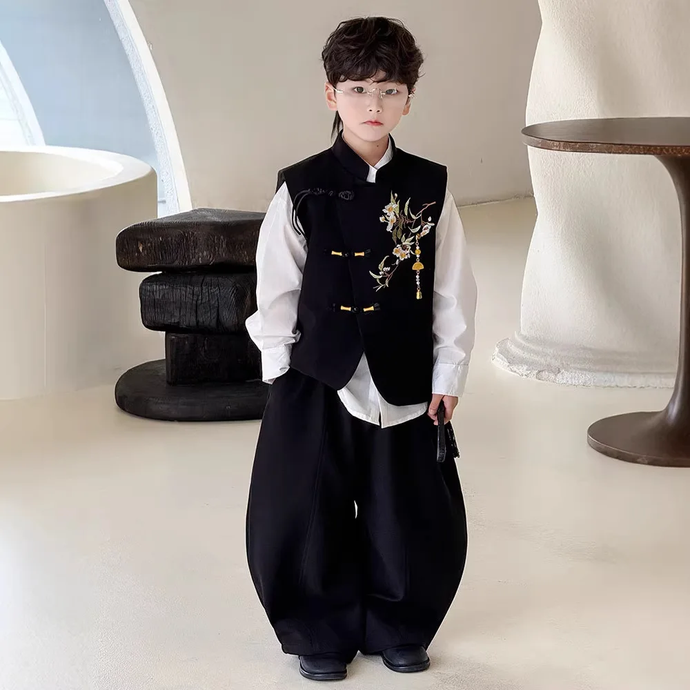 

2026 New Chinese Style Vintage Improved Tang Top Handsome Boy Black Embroidery Flowers Vest Frog Buttons Sleeveless Shirt