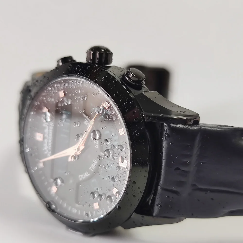 Reloj para hombre musulmán con brújula Adhan Qibla y recordatorio de oración al-haramen hora islámica cristal de zafiro cuero genuino suave