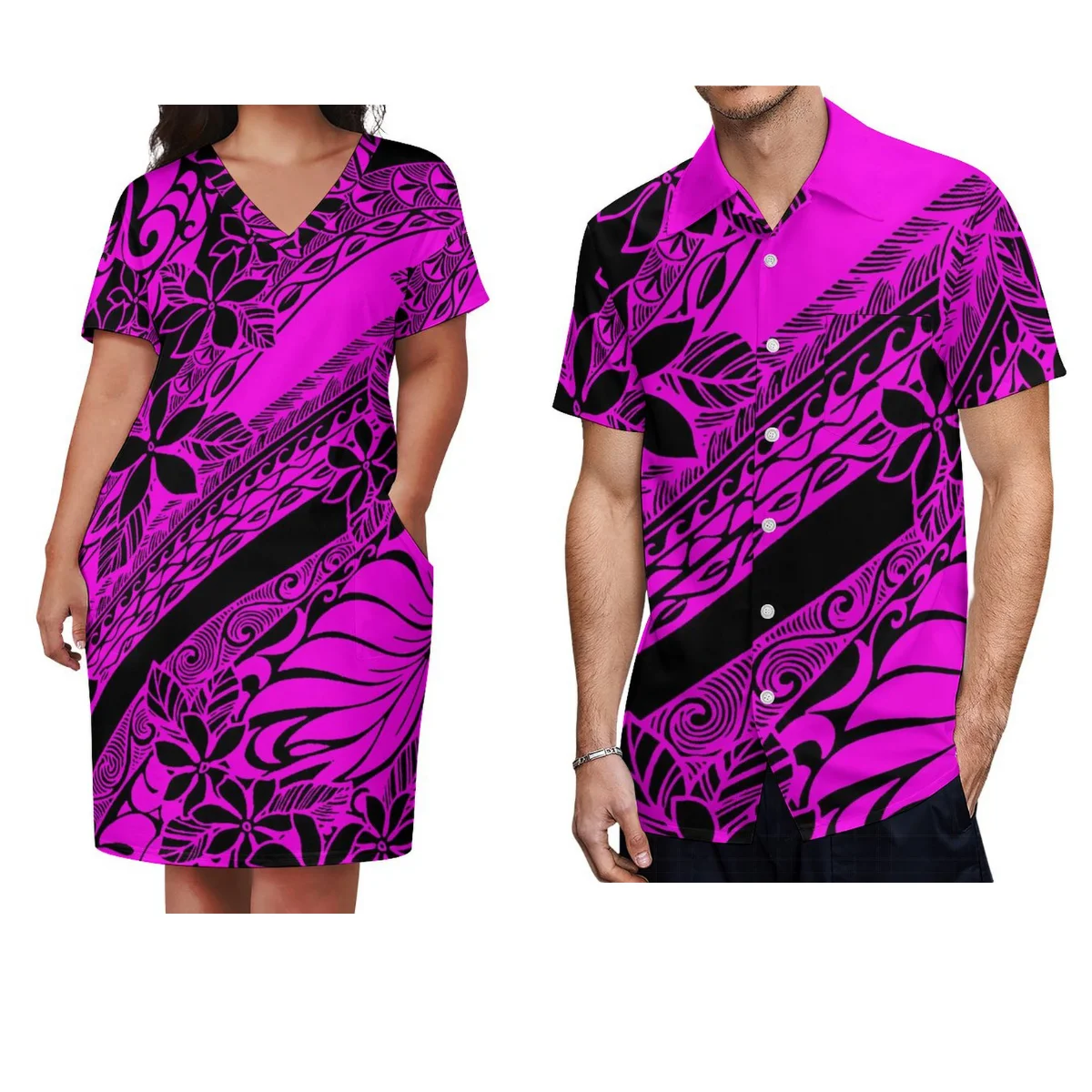 

Samoan Women'S Dress Temperament Pocket Dress Casual Knee-Length Skirt Men'S Shirt Polynesian Couple Set Flower Print