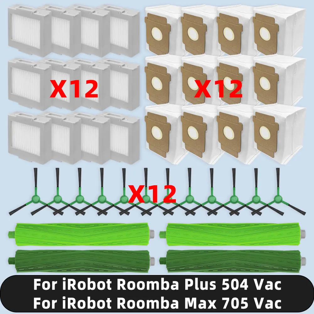 Compatible For ( iRobot Roomba Plus 504 Vac / Roomba Max 705 Vac ) Parts Accessories Roller Side Brush HEPA Filter Dust Bag