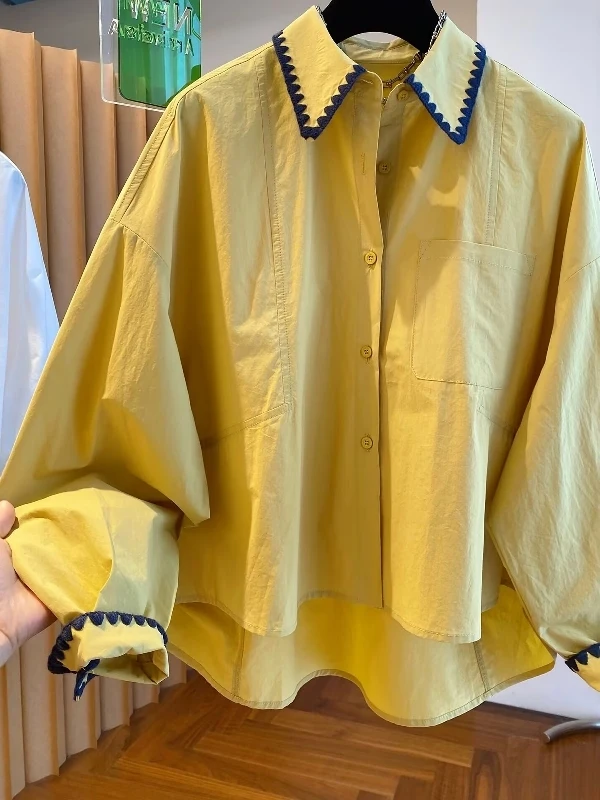 

Large Size Women's Loose Contrast Color Collar Ruffle Splicing Shirt Fashionable All-Match Artistic Commute Style Long Sleeve