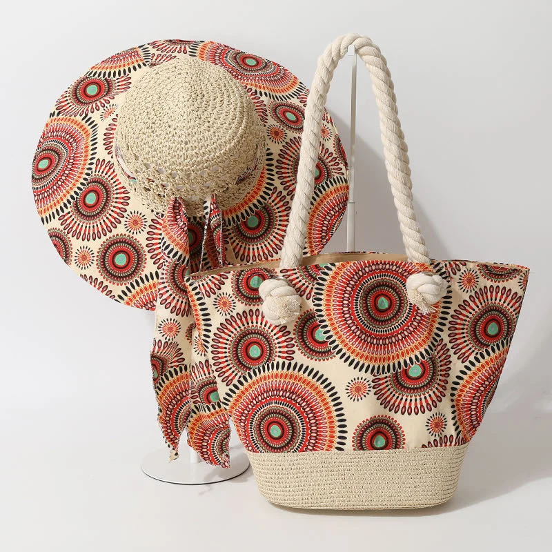 Women Boho Mandala Print Beach Bag Straw Hat Two Piece Set Thick Twisted Rope Handle Large Capacity Foldable Wide Brim Sun Hat