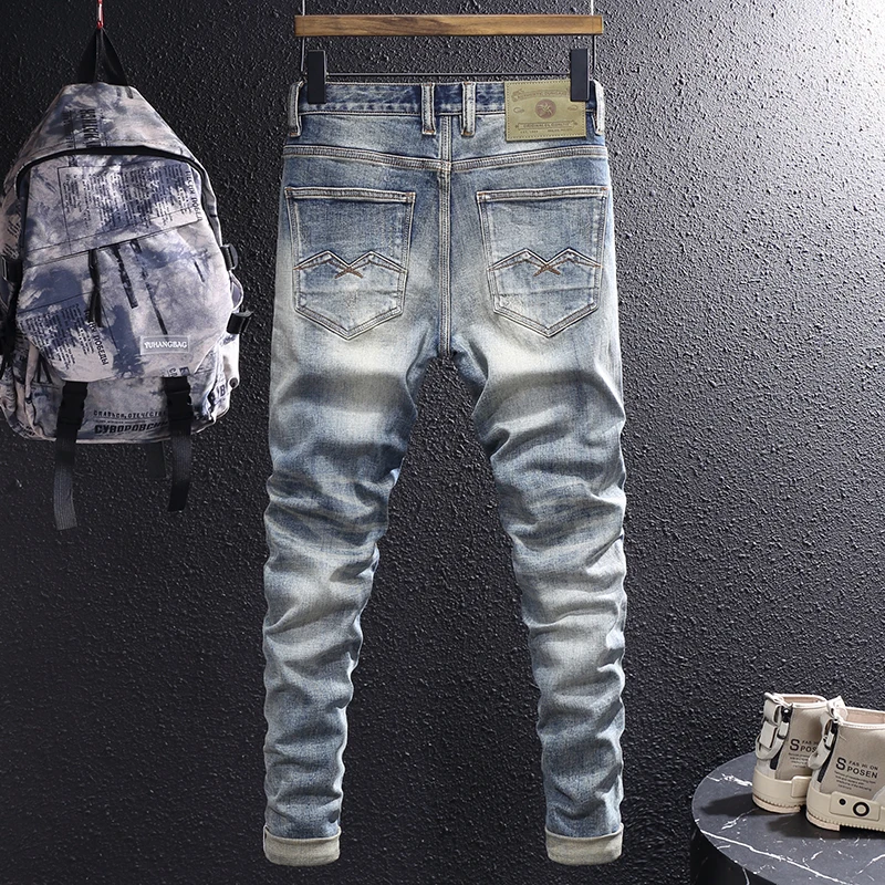 Fashionable Men's Jeans Vintage Wash Blue Elastic Slim Fit Vintage Jeans High Quality Italian Style Casual Denim Pants Hombre