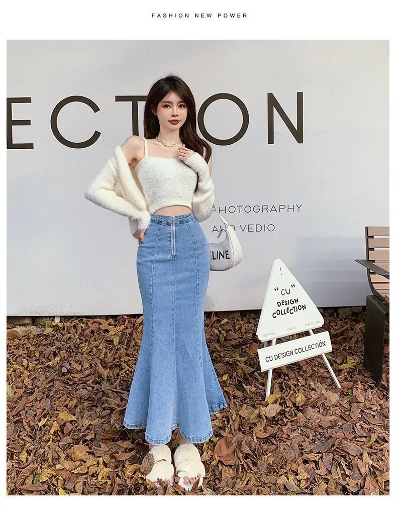 2026 Solid Slimming High Waist Midi A- Line Skirt Woman Trumpet Sides for Women Denim Half-length Skirt with Flounce