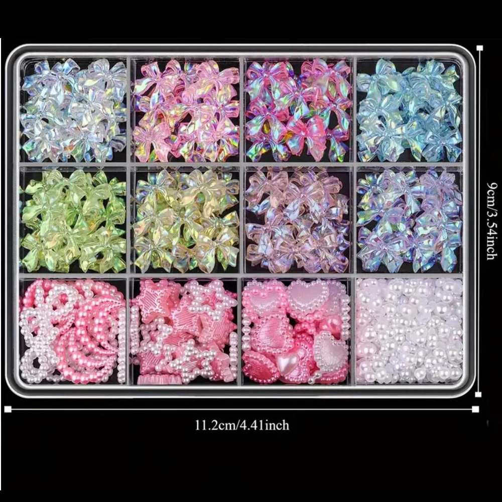 12Grid Kawaii Resin Aurora Ribbon Bow Nail Charms Mixed Star Moon Heart Pearl Rhinestones 3D Bowknot Gem Nail Art Decoration
