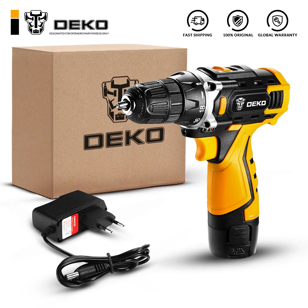 DEKO 12V/16V/20V Basic Set Cordless Drill For Home DIY Power Tools Woodworking Electric Screwdriver With LED Light