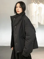 [EAM] Black Warm Short Stand Collar Cotton-padded Coat Long Sleeve Loose Fit Women Parkas Fashion New Autumn Winter 2026 1DD1637 2