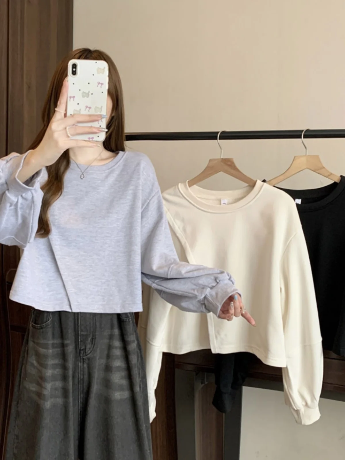 

Тонкий американский свитшот для женщин, весна-осень 2024, новинка, популярный, с круглым вырезом, длинными рукавами, топ