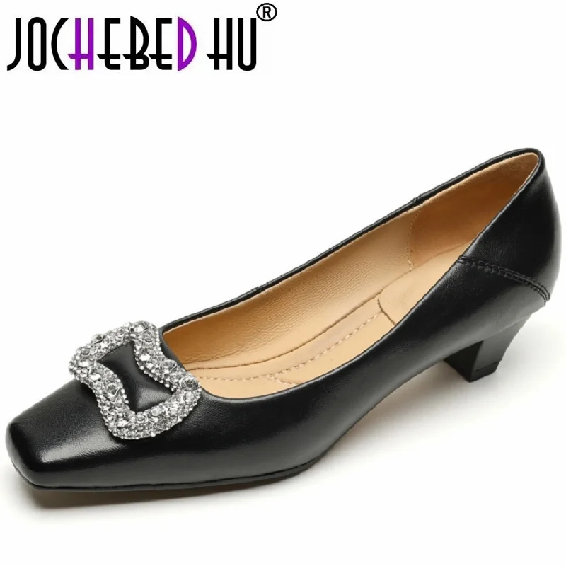 

【JOCHEBED HU】New Square Buckle Rhinestone Genuine Leather Single Shoes Shallow Mouth Mid-heel Wedding Shoes SquareToe High Heels